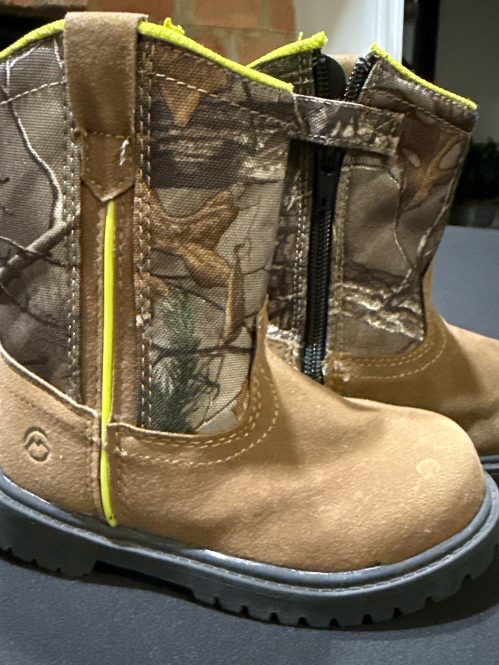 Magellan Outdoors Kids Camo & Brown Pull-On Boots with Neon Trim